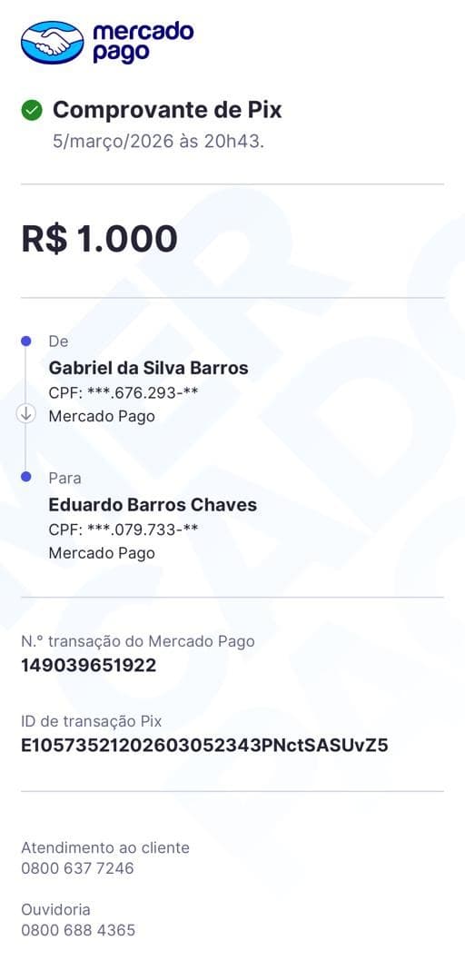 Comprovante Pix R$1.000 - Gabriel Barros para Eduardo Barros